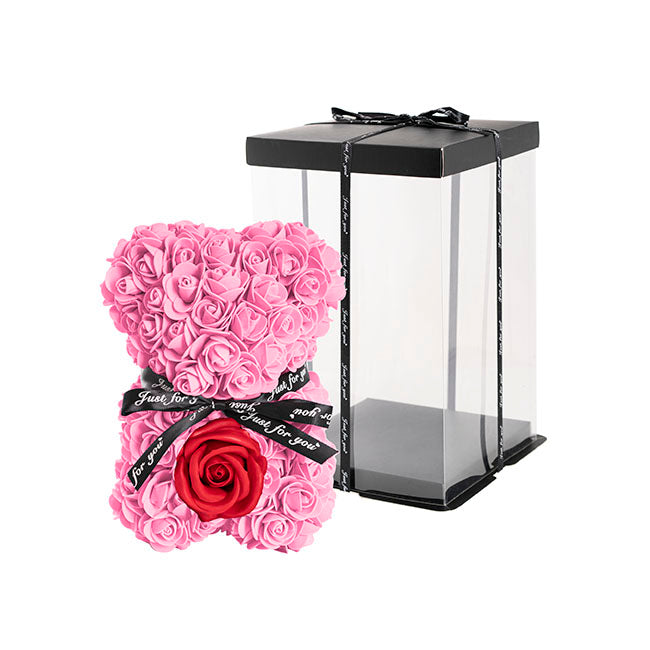 Rose Bear with Red Flower Pink (25cmH)