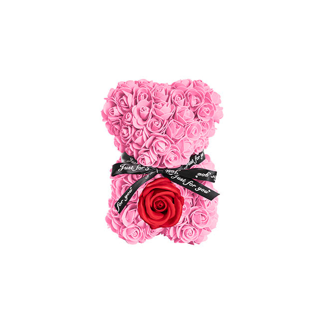 Rose Bear with Red Flower Pink (25cmH)